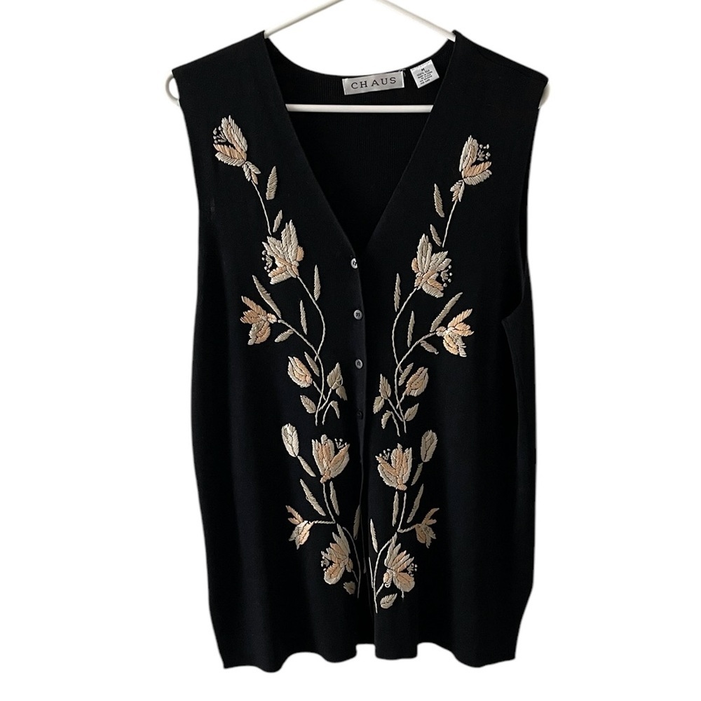 Chaus Vintage Womens Size Medium Silk Black Knit Sleeveless Embroidered Top